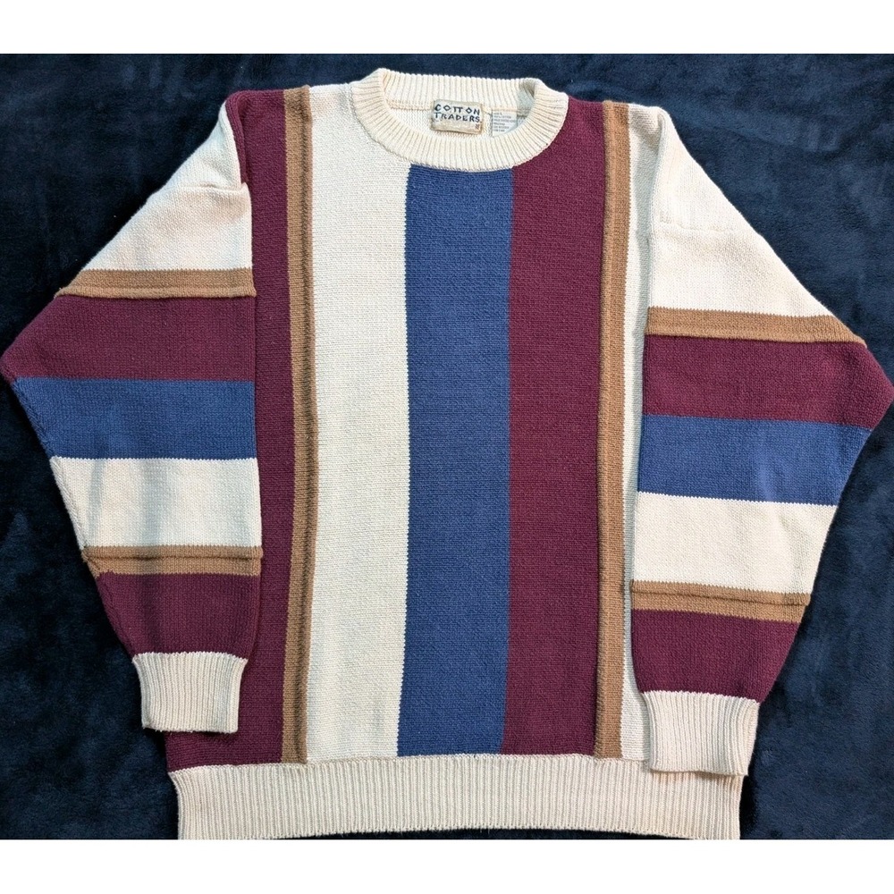 Vintage 90s Cotton Traders Striped Sweater Size L Color Block Grandpa Pullover